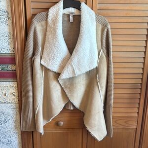Knox Rose Cozy Tan and Cream Open Front Cardigan with Faux Fur XL